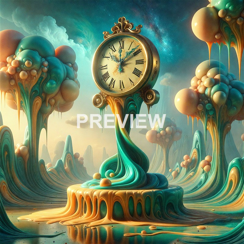A surreal scene featuring a vintage clock with Roman numerals embedded in a melting, abstract landscape of swirling, colorful shapes and floating bubbles under a starry sky.